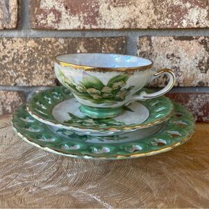 Vintage Kudo China Lily of the Valley Cup Saucer Dessert Plate Lustreware Mint!